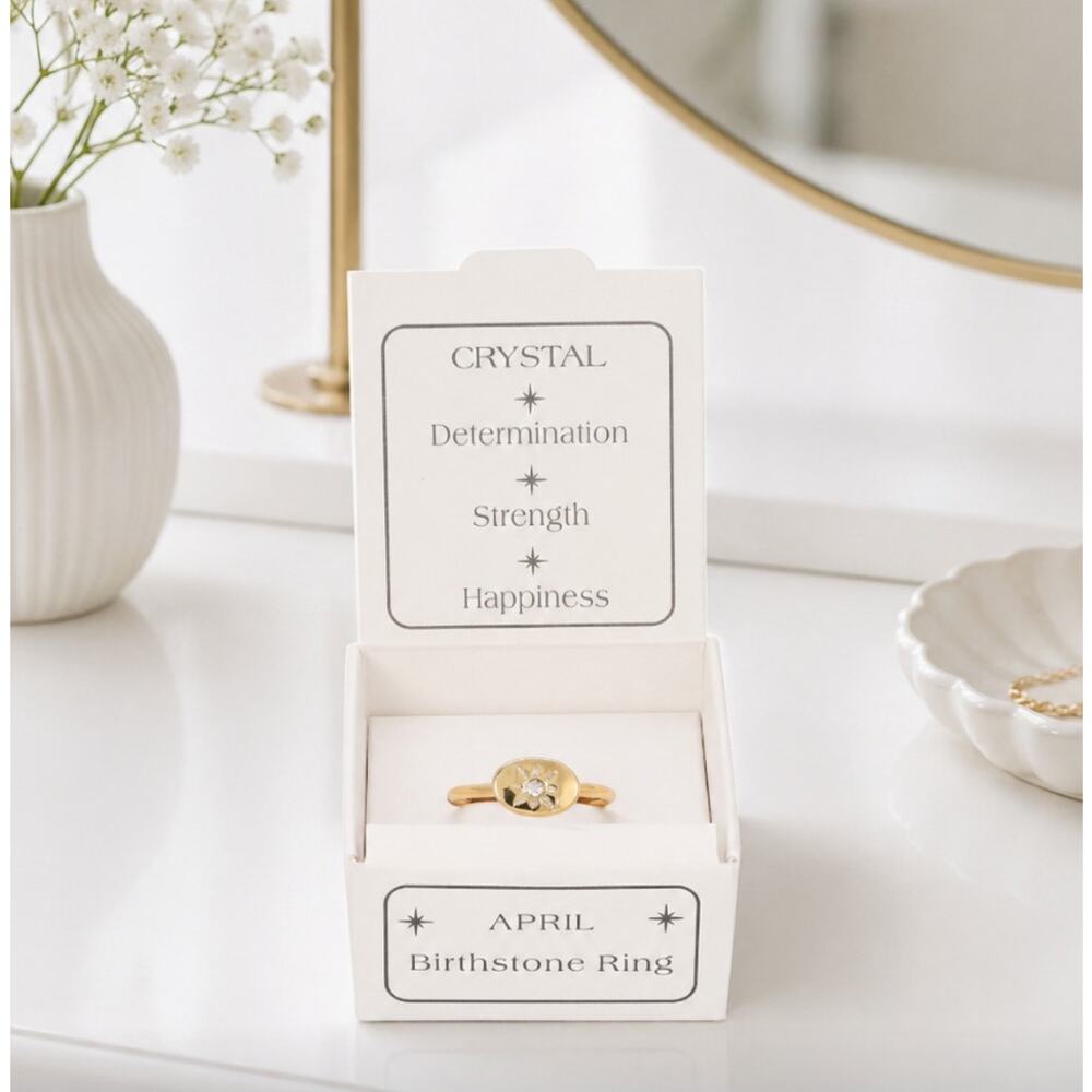 Lucky Feather 14K Gold Dipped April Birthstone Adjustable Ring